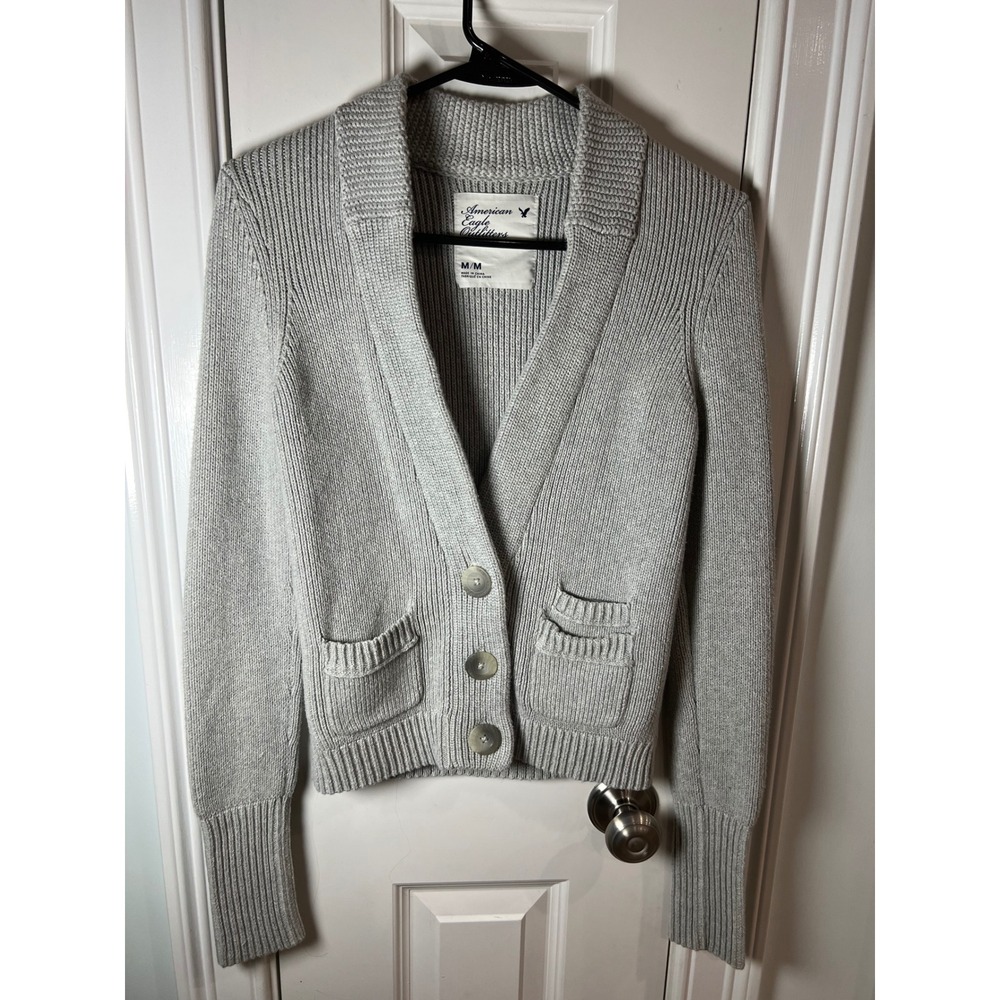 American Eagle Gray Shawl Collar Ribbed Knit Cotton Cardigan Sweater Womens M